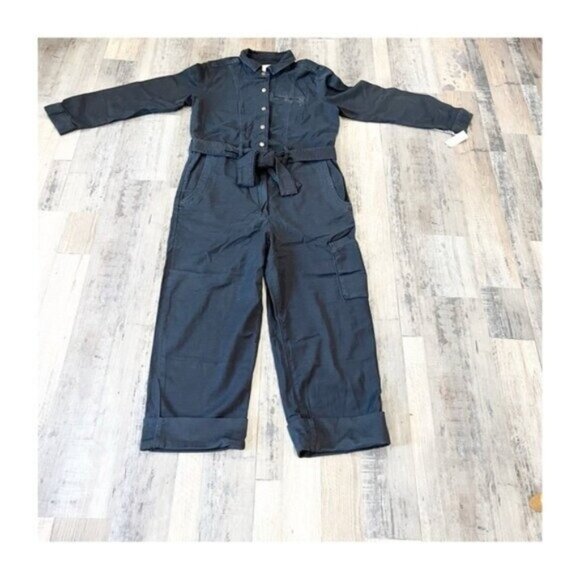 Pilcro The Lonnie Utility Jumpsuit Women's Large Khaki Cuffed Crop Button Tie - Picture 1 of 15